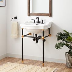 a white sink sitting under a mirror next to a potted plant on top of a wooden floor