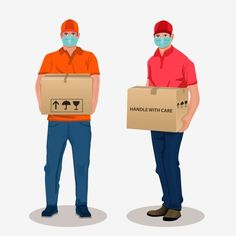 two men wearing masks and holding boxes with the words handle with care written on them