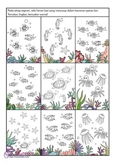 an ocean scene coloring page with different types of sea animals and fish in the water