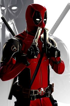 a man in a deadpool costume holding two swords