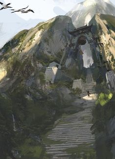 an artist's rendering of stairs leading up to a mountain with birds flying around