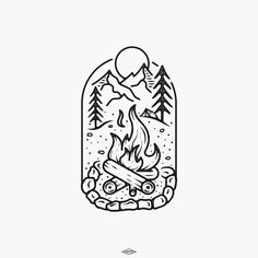 a drawing of a campfire in a jar with mountains and trees on the background