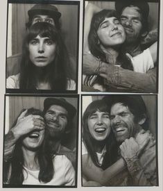 four black and white photos of people with different facial expressions, including one woman holding the man's head