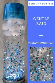 a water bottle filled with lots of white and blue bubbles next to the words gentle rain