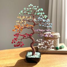 a bonsai tree sitting on top of a table next to a basket filled with stones