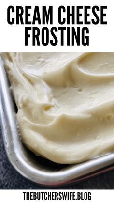 cream cheese frosting in a pan with text overlay