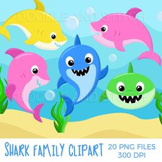 shark family clipart with fish and bubbles on the bottom, in front of an ocean background