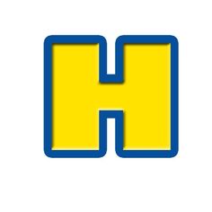 the letter h is made up of blue and yellow squares