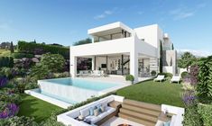 an artist's rendering of a modern house with pool and garden furniture in the foreground