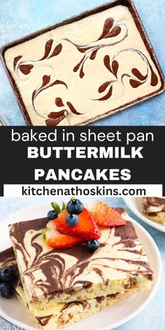 this is an image of baked in sheet pan buttermilk pancakes with chocolate and strawberries