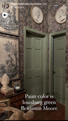 a room with two green doors and pictures on the wall above it that say paint color is lounging green