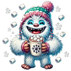 a cartoon character holding a coffee cup and wearing a knitted hat with snowflakes around it