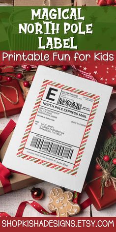 the printable christmas gift label for kids is shown with presents and gifts around it