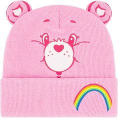 Give the perfect gift to the Care Bears fan in your life with our Care Bears Cheer Bear winter beanie cap. Composed of lightweight and durable knitted acrylic fabric, this brimless cap features cute 3D ears, an embroidered image of a rainbow on the cuff, and an adorable aesthetic resembling Cheer Bear's smiling face. The stocking cap keeps your head warm during cold and chilly winter weather. This Care Bears watch cap can be easily stretched to fit a wide range of mens and womens head sizes for adults. These skullies are officially licensed Cloudco merch, ensuring that you are receiving quality Care Bears clothes apparel and fashion accessories. Size: One Size.  Color: Pink.  Gender: unisex.  Age Group: adult. Care Bear Accessories, Care Bears Clothes, Pastel Clothes, Adorable Aesthetic, Cheer Bear, Stocking Cap, Pastel Outfit, Watch Cap, Bear Face