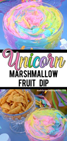 unicorn marshmallow fruit dip recipe with text overlay