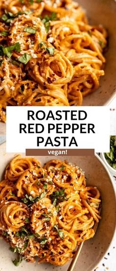 roasted red pepper pasta in a white bowl with parsley on top and the title overlay reads roasted red pepper pasta vegan