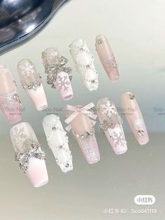 Winter Coquette Nails, Coquette Winter Nails, Babydoll Nails, Long Nails Winter, Winter Nails Long, Balletcore Nails, Dolly Nails, Soft Girl Nails, Pink Coquette Nails