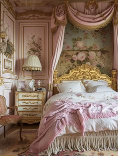 a bed with pink and gold decor in a bedroom