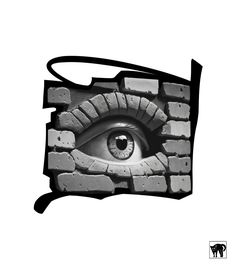 an eye peers through a brick wall