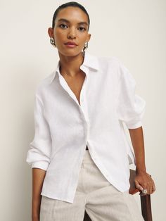 No nonsense. Shop the Andy Oversized Linen Shirt from Reformation, a linen shirt with an oversized fit, button front, and collared neckline. Spring Wishlist, Oversized Linen Shirt, Frilly Blouse, Wishlist 2024, White Linen Shirt, Linen Short, Pregnancy Outfits, Cute Crop Tops, Linen Top