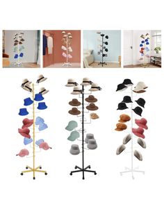 several hats are hanging on a rack in different colors and sizes, including one with a hat