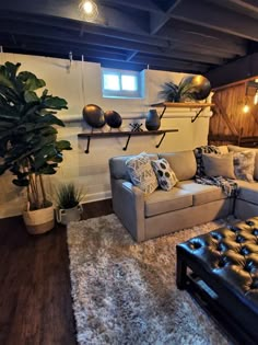 a living room filled with furniture and a large plant on top of a wooden shelf