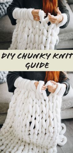 a woman is holding up a giant chunk knit pillow with the words, diy chunk knit