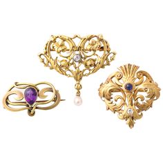 Three various brooches, all with the finest gold work from the early 1900's, are from the far right, a Rikers brooch in 14 Kt with a sapphire and diamond. Rikers is a highly reputed jewelry firm from Newark that made jewelry when the American jewelry industry was young. It's jewelry has appreciated in value consistently. The sapphire weighs approx .30 cts. The diamond, a cushion cut stone weighs approx. .10 cts. Price: $1900. Gemstones were inserted for embellishment and the skill of the artist Historical Accessories, Futuristic Jewelry, Tree Textures, Vintage Jewellery Rings, Art Jewelry Contemporary, Antique Brooches, Bow Jewelry, Art Nouveau Jewelry, Made Jewelry