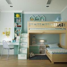 a child's bedroom with bunk beds, desk and bookshelf in it