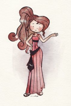 a watercolor drawing of a woman with long hair wearing a pink dress and carrying a black purse