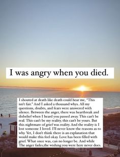 an image with the words i was angry when you died in front of a beach