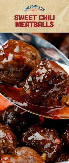 sweet chili meatballs on a serving spoon in a bowl with the words sweet chili meatballs above them