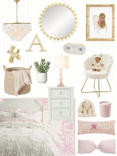 a collage of pink and white bedroom decor with teddy bears, bedding, mirror, lamp, chair, dresser