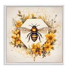 a painting of a bee surrounded by yellow flowers and bees on hexagon tiles