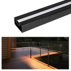 an image of a deck with railings and lights in the dark side by side