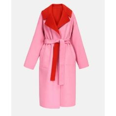 ESSENTIEL ANTWERP Affluent Reversible pink and red wool-blend coat Sophisticated wool-blend felt coat is soft to the touch, fully reversible, and easily layers over knits thanks to its loose silhouette. Wool blend Patch pockets Self-fabric belt Dropped shoulders Reversible Loose fit Pink/Red Material: 70% wool, 30% polyester. pocket lining: 100% polyester Washing instructions: Dry clean Check care label for detailed washing instructions Model is 179 cm tall and is wearing a size 36. Product meas Felt Coat, Colour Blocking, Wool Blend Coat, Coat Design, Fabric Belt, Red Wool, Pink And Red, Friend Wedding, Wool Coat