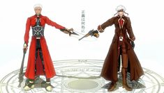 two anime characters standing next to each other with swords in their hands and wearing red outfits