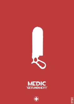 a red poster with scissors and the words medic geundelit on it