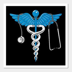 a blue cadus symbol with two stethoscopes on it's side