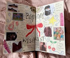 an open children's birthday wish book with pictures and words on it, sitting on a pink blanket