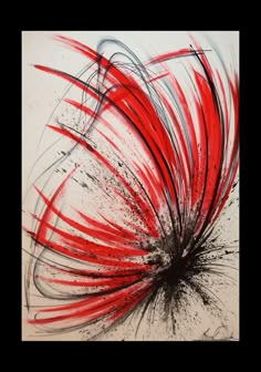 an abstract painting with red and black lines