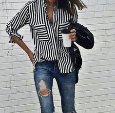 Boyfriend Look, Pocket Blouse, Mode Casual, Outfit Trends, Best Jeans, Striped Blouse