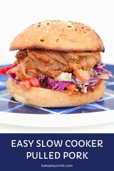 a pulled pork sandwich with cole slaw on a blue and white plate against a white background