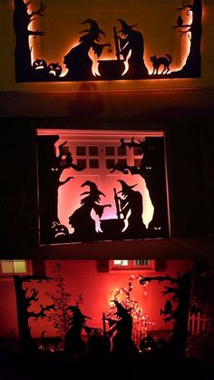 the silhouettes of witches and pumpkins are lit up at night