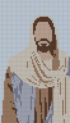 a pixellated image of a man with a beard and wearing a white shawl