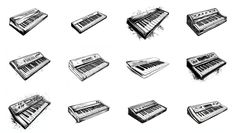 nine different musical instruments are shown in black and white, each with an electronic keyboard