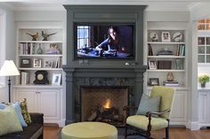 a living room filled with furniture and a fire place under a painting on the wall