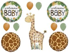 a giraffe balloon and some balloons with the words welcome baby on it's back