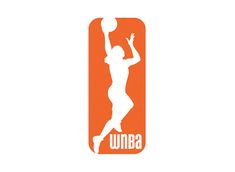 an orange and white logo with a basketball player