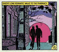 an old comic strip with two people walking down the street in front of a pink sun